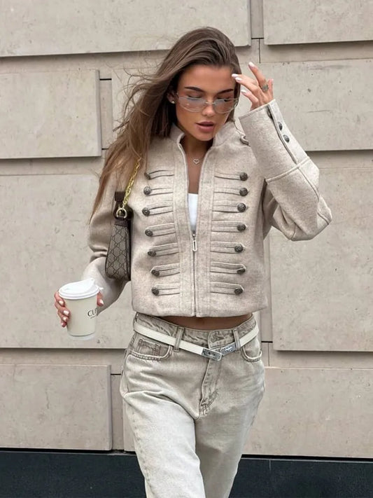 Military style cropped jacket with stand collar and ornate button details