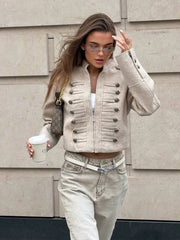 Military style cropped jacket with stand collar and ornate button details