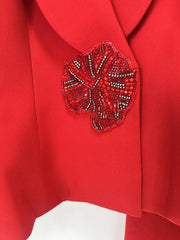 Red Beaded Short Blazer and Wide Leg Pant Set