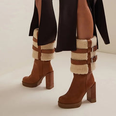 Brown Suede Round Toe Mid-Calf Booties