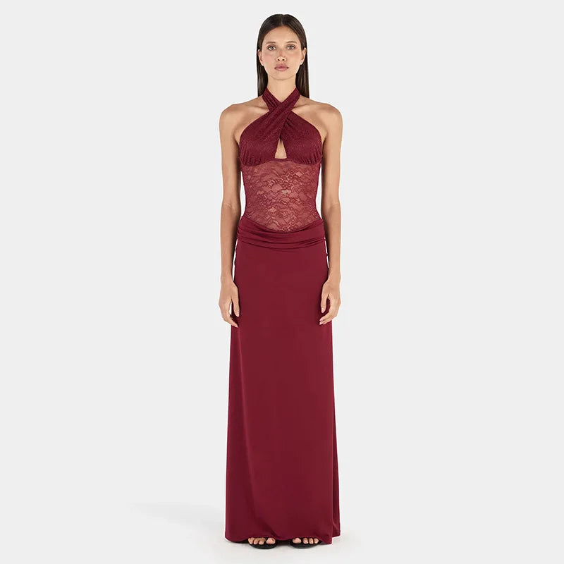 Halter neck maxi dress with burgundy lace bodice and flowing burgundy skirt