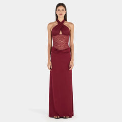 Halter neck maxi dress with burgundy lace bodice and flowing burgundy skirt