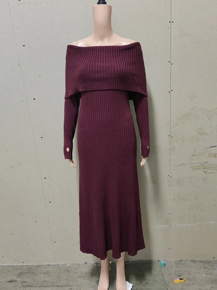 Maroon off-shoulder dress on a mannequin against a plain background