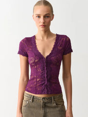 Purple lace v-neck short sleeve top