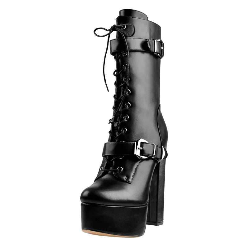 Front perspective of black lace-up platform ankle boots
