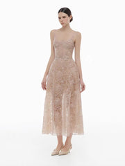Embroidered Lace Sleeveless Midi Dress - Full Body