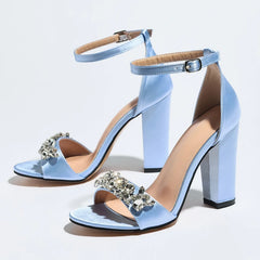 Crystal Embellished Square Heel Ankle Strap Sandals
