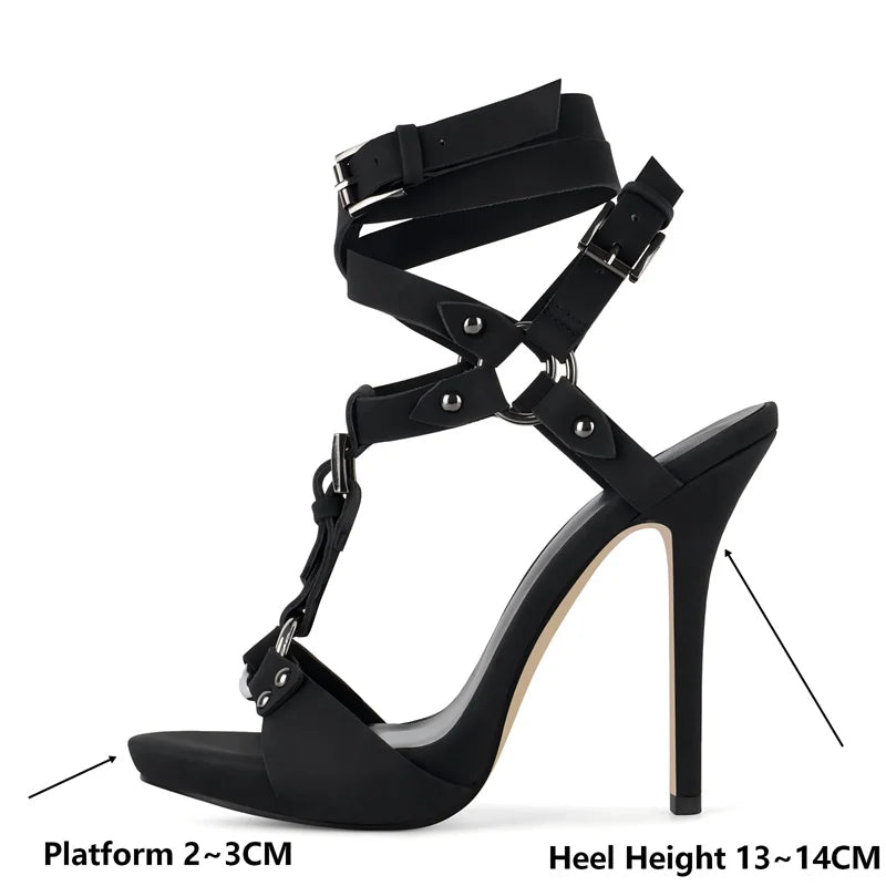 Side view of black platform stiletto sandals with measurement details