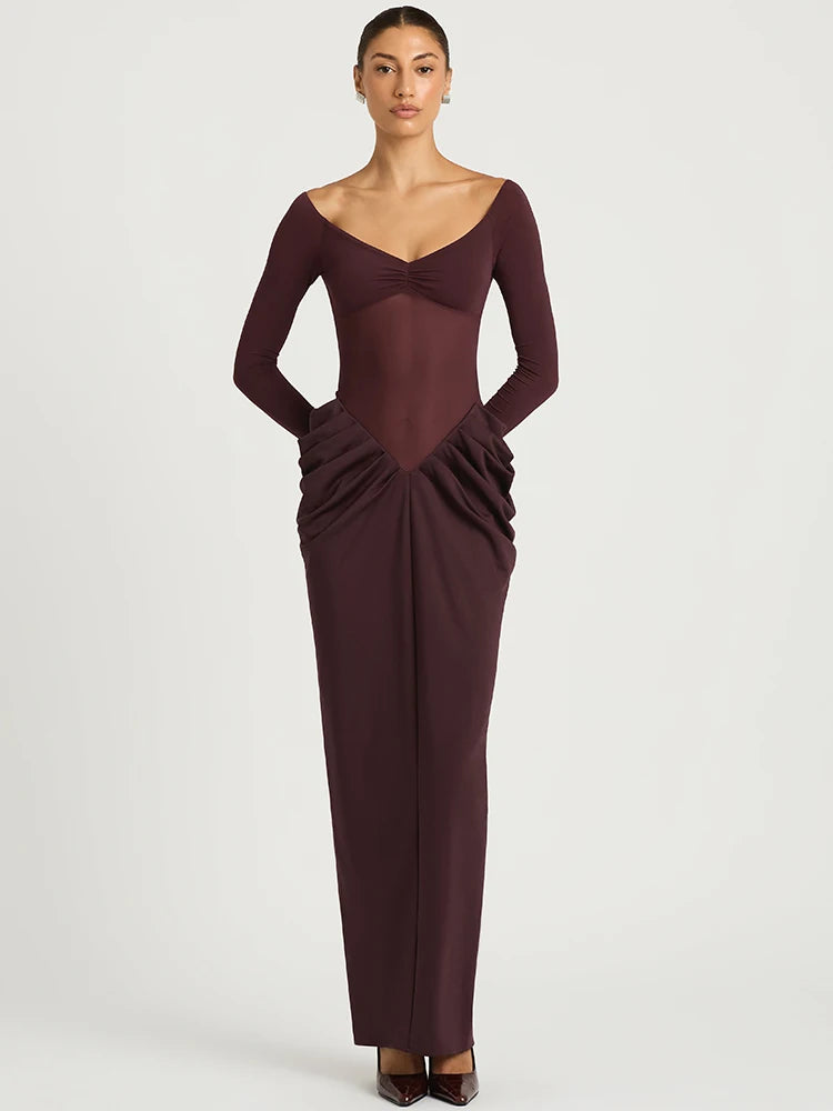 Off shoulder long sleeve maxi dress with ruched waist detail.