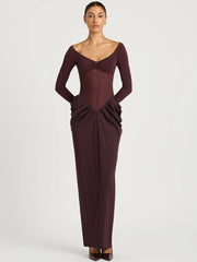 Off shoulder long sleeve maxi dress with ruched waist detail.