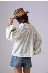 Embroidered Cotton Blouse with Lantern Sleeves
