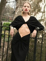 Black Long Sleeve Cut Out Wrap Maxi Dress