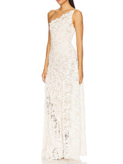 One-shoulder ruffled lace maxi dress front view