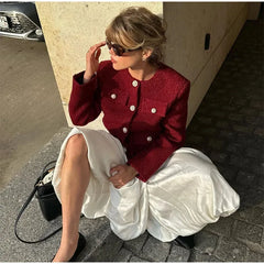 Wine Red O Neck Long Sleeves Loose Jacket