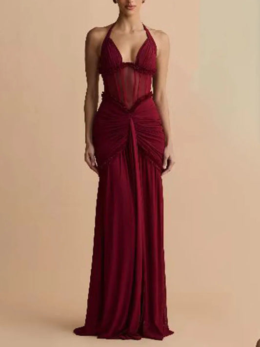 Burgundy Sheath Halter Neck Maxi Dress with ruched waist