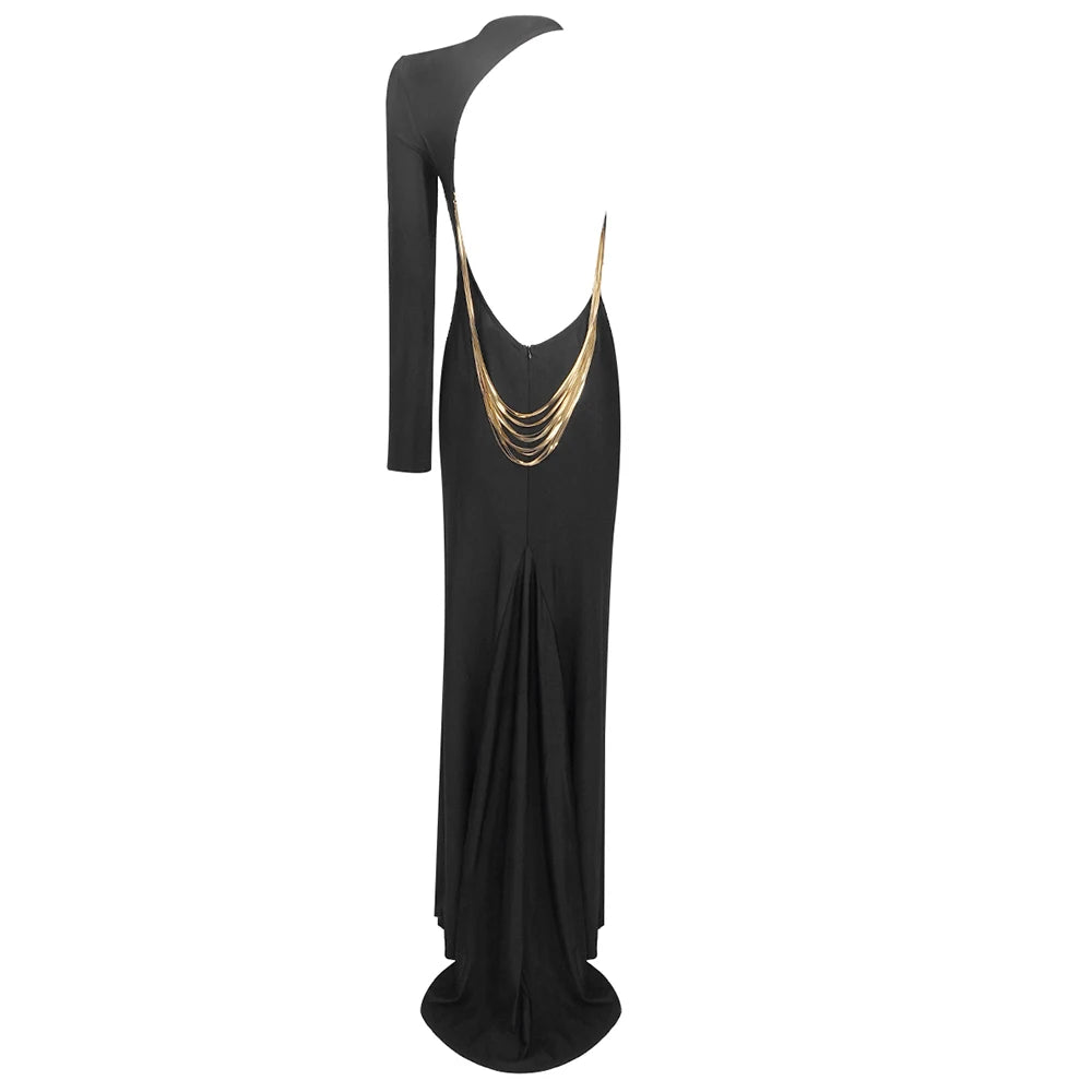 Black one-shoulder dress with gold chain detail on a white background