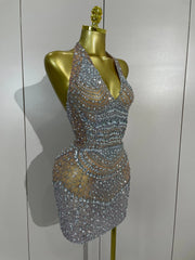 Sparkling rhinestone halter mini dress angled view