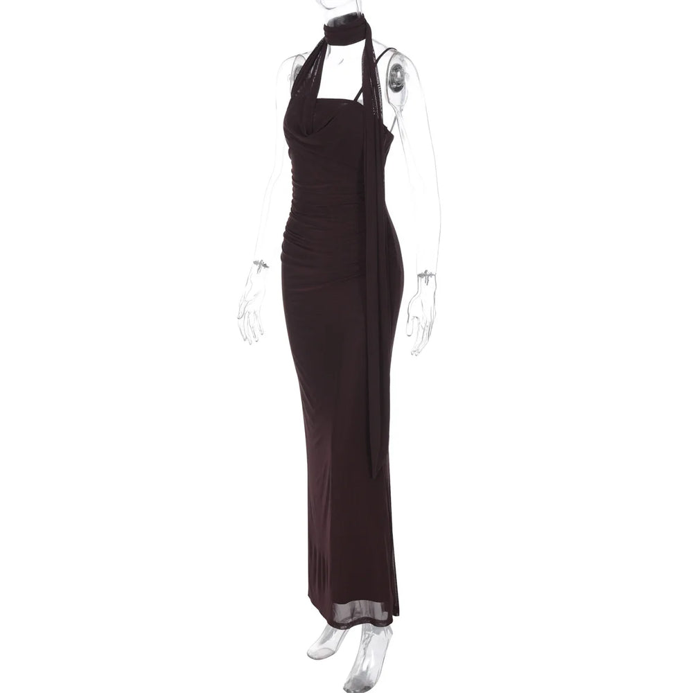 Black halter neck dress on a mannequin against a white background
