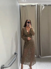 Sequined Mesh V-Neck Midi Dress