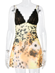 Leopard Print Lace Trim Spaghetti Strap Mini Dress
