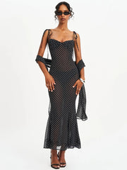 Polka Dot Spaghetti Strap Sweetheart Neck Maxi Dress