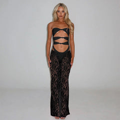 Sheer lace maxi dress beach cover-up in black