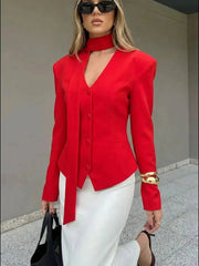 Padded Shoulder V-Neck Blazer With Scarf