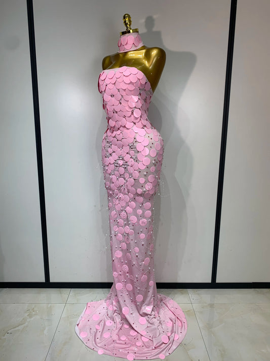 Strapless sequined form-fitting floor-length gown