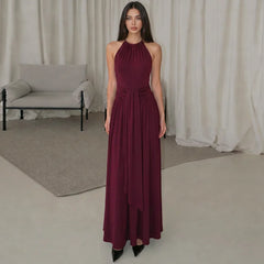 High Neck Sleeveless Ruched Waist Draped Long Dress