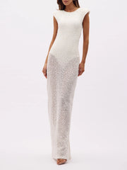 Sequined sheer column maxi dress front view