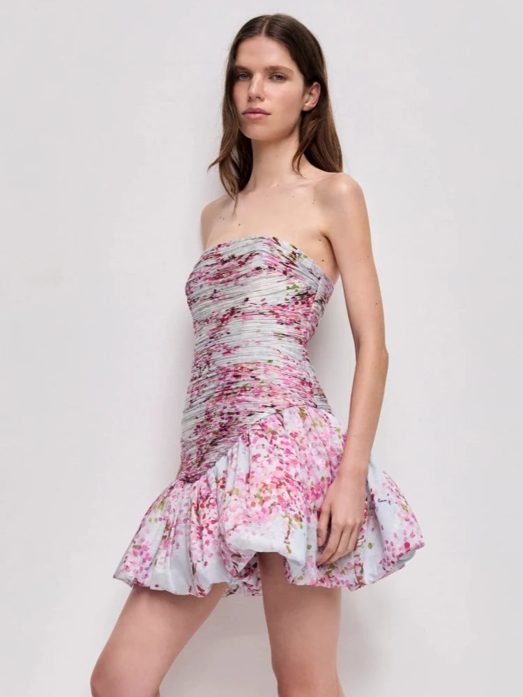 Floral strapless ruched mini dress front view