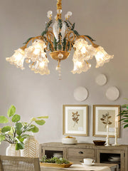 A beautiful French Pastoral crystal chandelier with LED lights, hanging above a dining room table. Golden Atelier 2