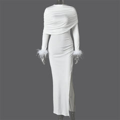 Draped Feather Cuff Maxi Dress