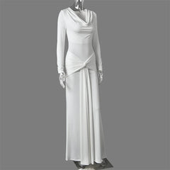 Draped Cowl Neck Long Sleeve Maxi Dress