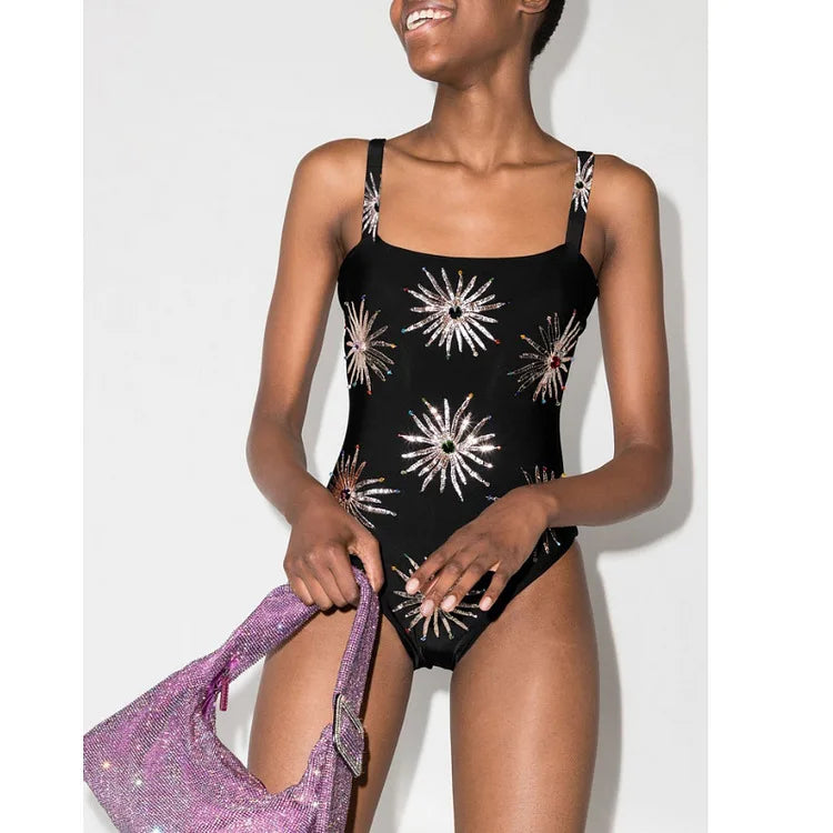 Black sunburst embellished swimwear set with adjustable straps