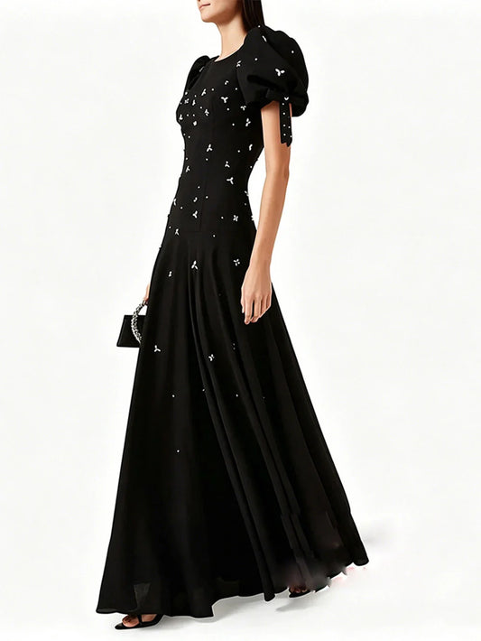 Puff sleeve embellished maxi dress with handbag