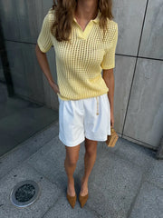 Hollow Knit Turn-Down Collar Short Sleeve Top