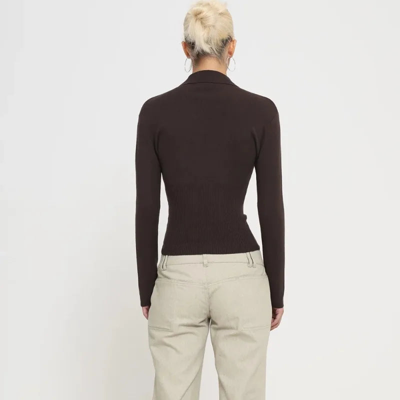 Back View of Deep V-Neck Ribbed Knit Top