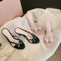 Bow Accent Heeled Slide Sandals