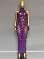 Sheer Rhinestone High Neck Tank Maxi Dress