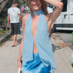 Blue Chiffon Slit Halter Top