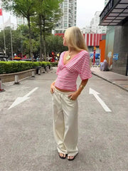 V-Neck Striped Knit Cropped Top with Dolman Sleeves