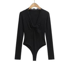 Spliced Lace Bow V neck Jersey Long Sleeve Bodysuit