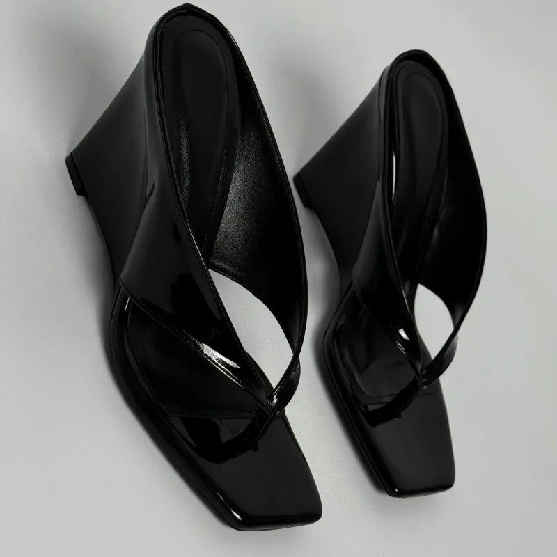 Patent square toe wedge heels