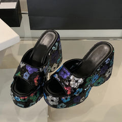 Floral Sequin Platform Wedge Sandals