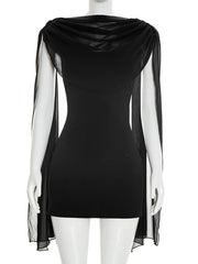 Black Draped Cowl Neck Capelet Mini Dress