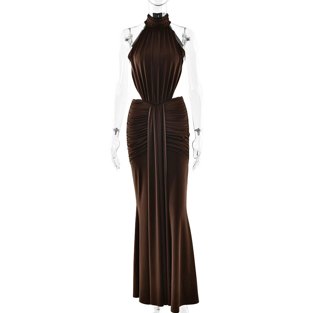 Brown evening gown on a mannequin against a white background