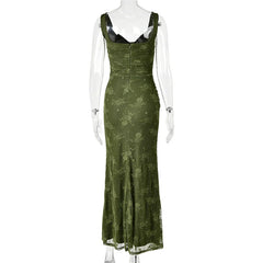 Green Floral Wide Strap High Slit Maxi Dress