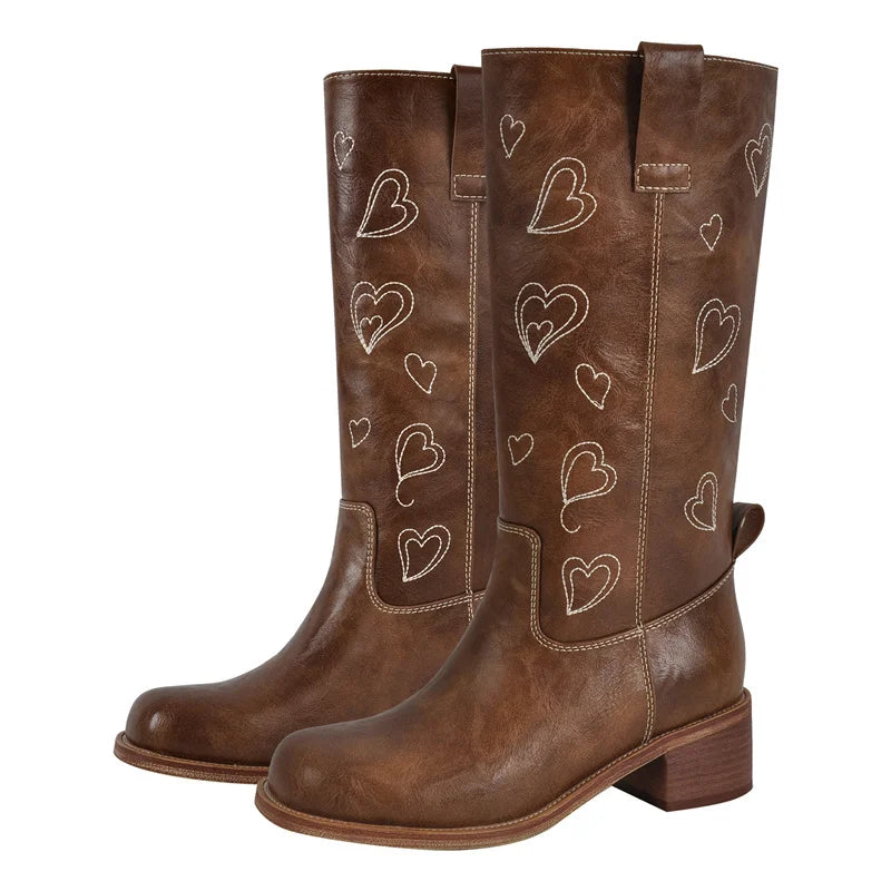 Brown embroidered heart knee-high boots