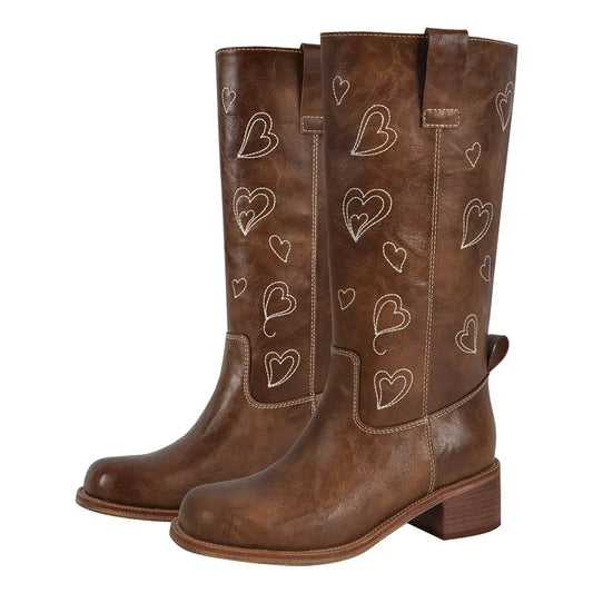 Brown embroidered heart knee-high boots